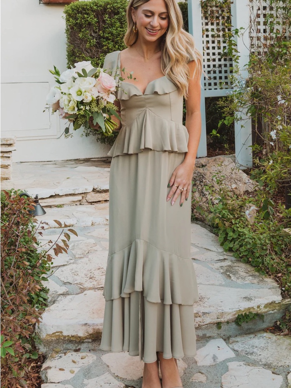 Show Me Your MuMu Sage Green Ruffle Tiered Maxi Dress Size Small BNWOT